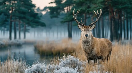 Canvas Print -   A deer stands in a grassy field beside a water body, surrounded by trees