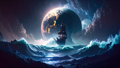 Wall Mural - the open ocean, The sky is overcast with heavy clouds, enhancing the tension