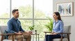© crispy - A woman therapist consults with a male client practicing meditation during a session. Mental health, psychology.