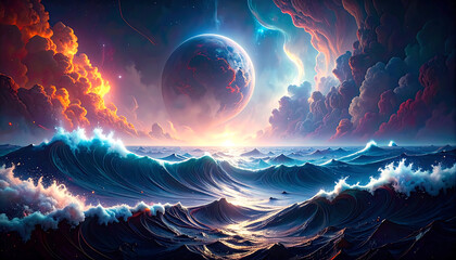 Wall Mural - the open ocean, The sky is overcast with heavy clouds, enhancing the tension
