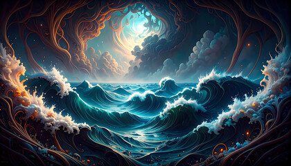 Wall Mural - the open ocean, The sky is overcast with heavy clouds, enhancing the tension