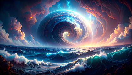 Wall Mural - the open ocean, The sky is overcast with heavy clouds, enhancing the tension