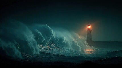 Wall Mural - a lighthouse stands tall at sea's edge, with towering waves crashing before it the beam of its light