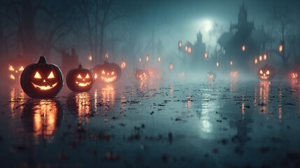 Wall Mural -   A cluster of Jack-o'-Lanterns perched atop damp soil before a grand castle during twilight
