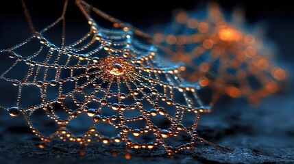 Wall Mural -   A macro shot of a spider web adorned with droplets of dew against a black backdrop