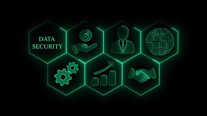 DATA SECURITY indicator business finance concept. glowing animation. DATA SECURITY text inside glowing neon circle with human icons. DATA SECURITY glowing neon line performance icons concept.