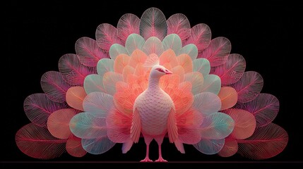 Wall Mural - a vibrant bird with iridescent feathers against a dark background, showcasing hues of pink, blue, an