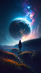 Wall Mural - a moonlit grassy field at night, gazing up at an enormous, hyper-detailed Earth 