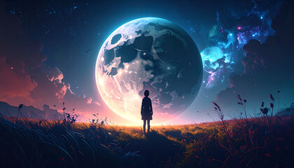 Wall Mural - a moonlit grassy field at night, gazing up at an enormous, hyper-detailed Earth 