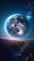 Wall Mural - a moonlit grassy field at night, gazing up at an enormous, hyper-detailed Earth