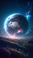 Wall Mural - a moonlit grassy field at night, gazing up at an enormous, hyper-detailed Earth