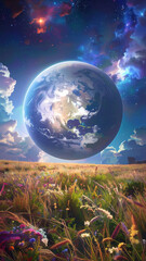 Wall Mural - a moonlit grassy field at night, gazing up at an enormous, hyper-detailed Earth