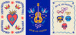 © Marina Zlochin - Dia de los muertos, Day of the dead, Mexican holiday, festival. Vertical cards, posters, banners in modern hand drawn style, with skulls, birds, hearts, guitar and flowers