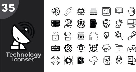 Modern technology icon set template featuring 35 diverse digital concepts for software development and online services vector
