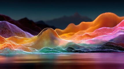 Wall Mural -   A vivid photo of a mountainous landscape with a water body in the foreground and towering peaks behind it