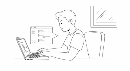 Man coding on laptop for website development, working diligently at his desk. Website development requires concentration and precision; code fills screen, reflecting developer's expertise.