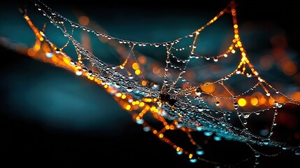 Wall Mural - a close-up of water droplets on a plant's leaves with a blue and yellow light in the background, opt
