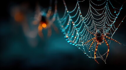 Wall Mural - close-up photo of a spider on a web, featuring droplets of water on its back, while a street light i