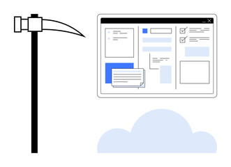 Digital dashboard with forms, charts, and checkboxes, pickaxe image, and cloud icon. Ideal for data mining, cloud computing, technology, analytics software development business management