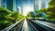 futuristic tram glides through a lush green smart city