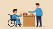 © redcat - Boy in wheelchair buys toy car from kind seller at shop. Boy in wheelchair smiles while trading money for toy, creating heartwarming scene of inclusion. Illustration: boy in wheelchair concept,