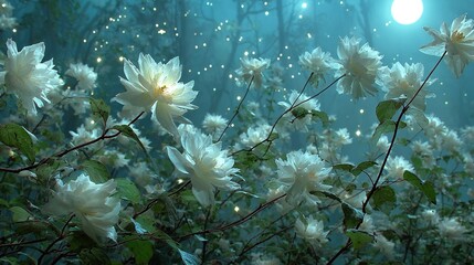 Wall Mural -   A bouquet of white blossoms on a tree, framed by a sapphire sky and speckled starlight above
