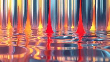 Wall Mural - abstract liquid reflection: vibrant conical structures in a surreal waterscape