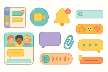 Communication tools flat icon set: chat, notification, search, video, message collection