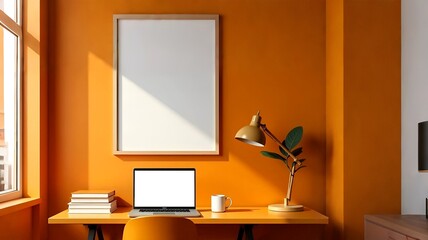 stylish modern inrerior living room design, table, armchair, laptop with empty screen, white wooden 
