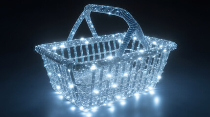 Wall Mural - glowing shopping basket made of luminous wireframe, illuminated with bright lights, creating modern 