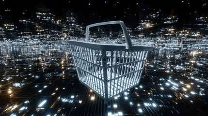 Wall Mural - digital shopping basket floats in futuristic, illuminated environment filled with sparkling lights a