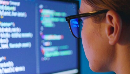 Close-up of a person wearing glasses, focused on a computer screen displaying code