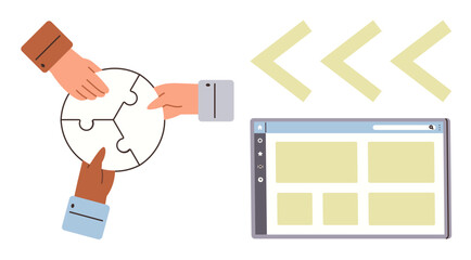 Hands connect puzzle pieces symbolizing teamwork, alongside a web interface with arrows indicating navigation. Ideal for cooperation, problem-solving, user interface, teamwork, digital tools