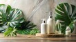 © Creative_johirul - Spa products and tropical leaves on a wooden surface with a textured background