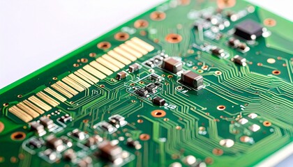 close-up shot of a green circuit board showing electronic components and circuitry details