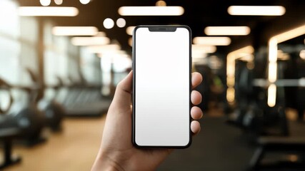 hand holding a phone with a white screen in a gym