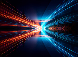 Wall Mural - Abstract light streaks of vibrant orange and blue converge and diverge in a symmetrical pattern against a dark backdrop, creating a dynamic visual effect of motion and energy.