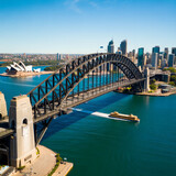 Iconic sydney harbour bridge and opera house cityscape on a clear sunny day white background