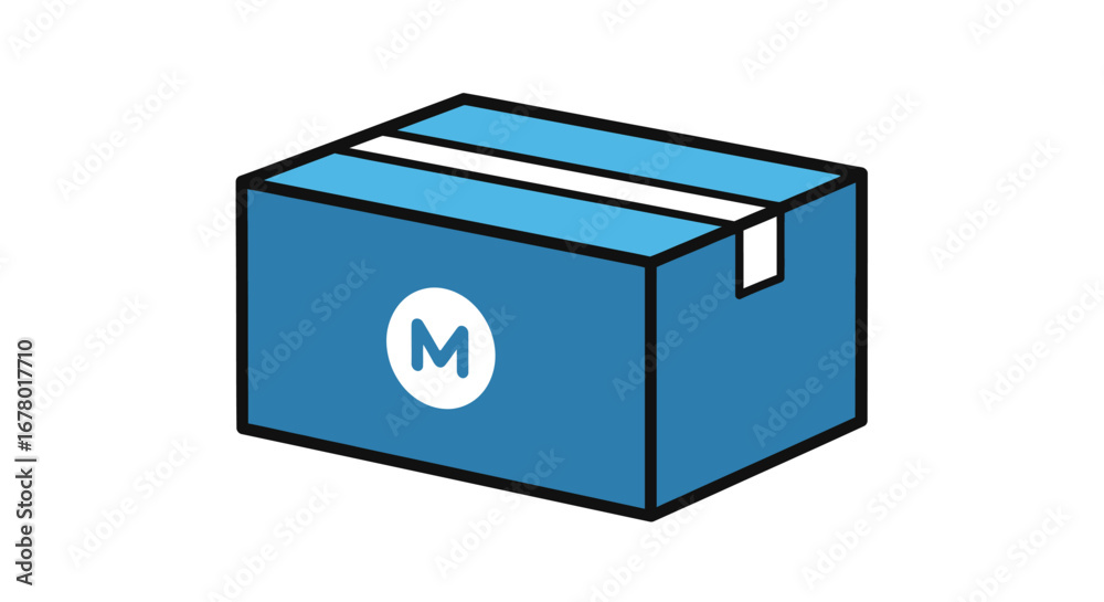Simple blue cardboard box with white tape and a circular white logo ...