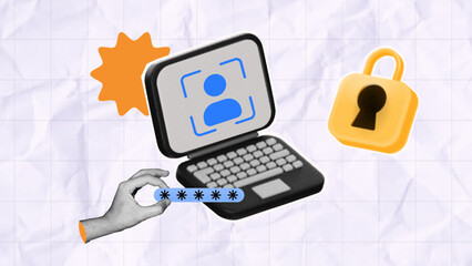 halftone collage Laptop login user icon with hand holding gesture password field and padlock. digital privacy, authentication, and data protection systems
