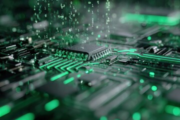 green circuit board with flowing binary code, ideal for green tech initiatives, cybersecurity market