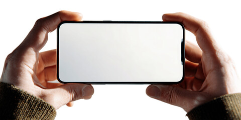 Two Hands Holding A Smartphone With A Blank White Screen Against A Transparent Background, PNG