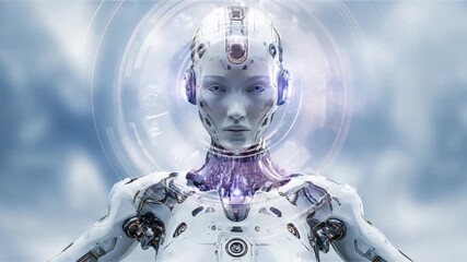 A futuristic robot woman, with intricate details and a soft, thoughtful expression, stands against a soft, light background.