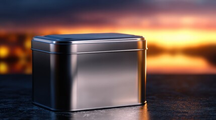 Wall Mural - A sleek metallic container resting on a surface during a vibrant sunset, creating a serene atmosphere