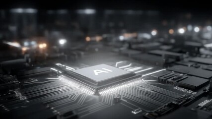 Futuristic AI Chip on Circuit Board Artificial Intelligence Technology Concept.