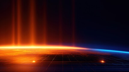 Wall Mural - futuristic digital landscape showcasing a glowing horizon with radiant beams and a dark cosmic backg