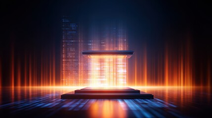 Wall Mural - futuristic digital podium illuminated by vibrant lights, set against a city skyline at night