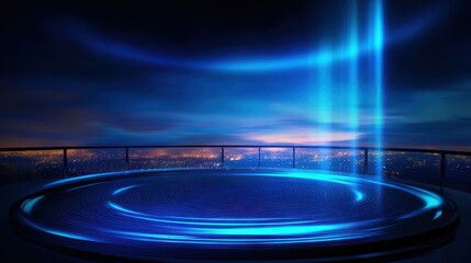 Wall Mural - futuristic urban skyline at dusk with a glowing blue platform and beams of light illuminating the sc