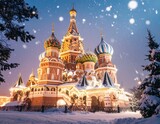 Illuminated St. Basil's Cathedral in Moscow, Russia, covered in fresh snowfall during the winter season.