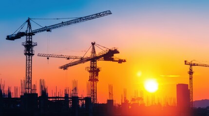 Wall Mural - Construction cranes silhouetted against a vibrant sunset, highlighting an urban skyline under development